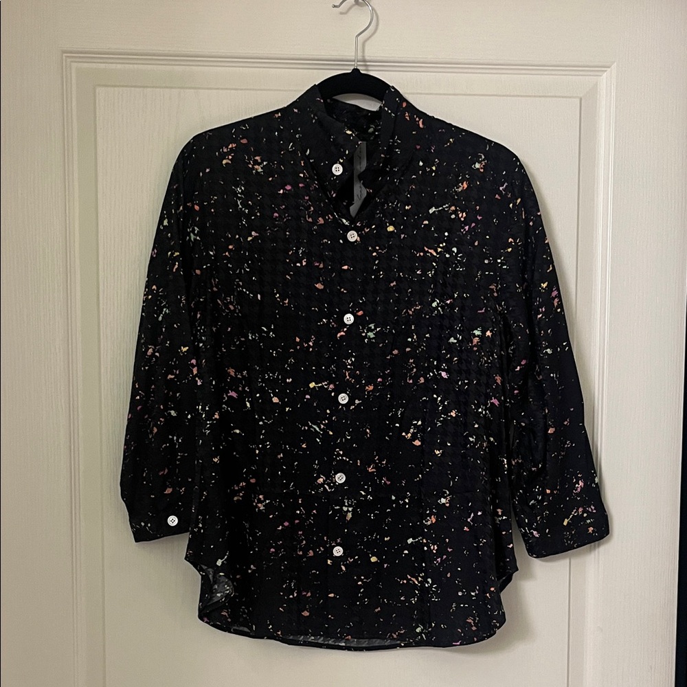 Raquel Allegra Black Button Down Shirt with Multicolor Speckles